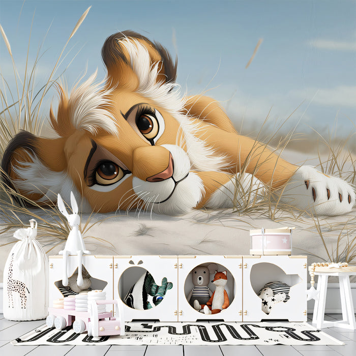 Adorable Lion Cub Beach Mural Wallpaper | Realistic Fur, Soft Focus, Cozy Sand Dune Scene