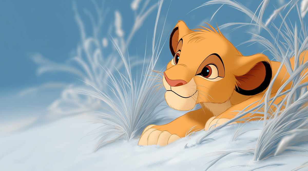 Playful Lion Cub Snow Mural Wallpaper | Cinematic Style, Cool Blue Palette, Winter Savanna Scene
