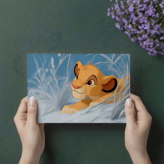 Playful Lion Cub Snow Mural Wallpaper | Cinematic Style, Cool Blue Palette, Winter Savanna Scene