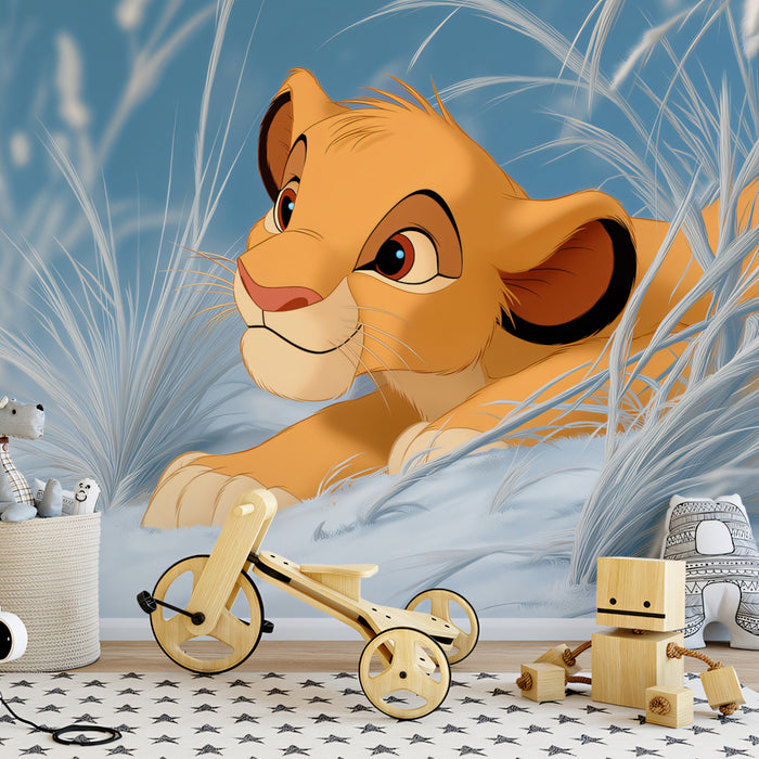 Playful Lion Cub Snow Mural Wallpaper | Cinematic Style, Cool Blue Palette, Winter Savanna Scene