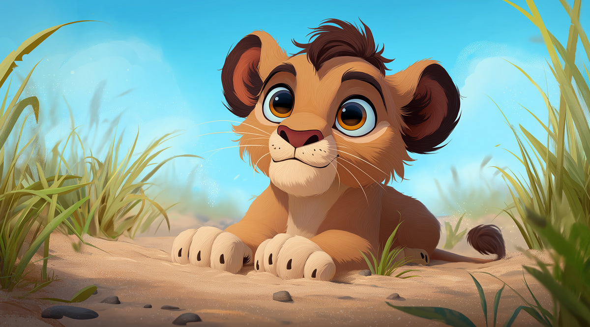 Cartoon Lion Cub Sunny Savanna Mural Wallpaper | Bright Blue Sky, Friendly Character Design, Playful Vibe
