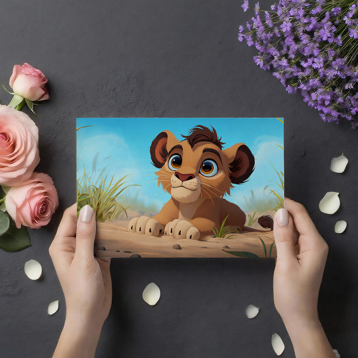 Cartoon Lion Cub Sunny Savanna Mural Wallpaper | Bright Blue Sky, Friendly Character Design, Playful Vibe