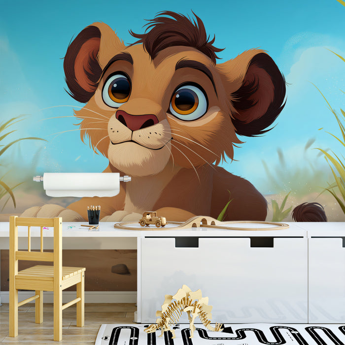 Cartoon Lion Cub Sunny Savanna Mural Wallpaper | Bright Blue Sky, Friendly Character Design, Playful Vibe
