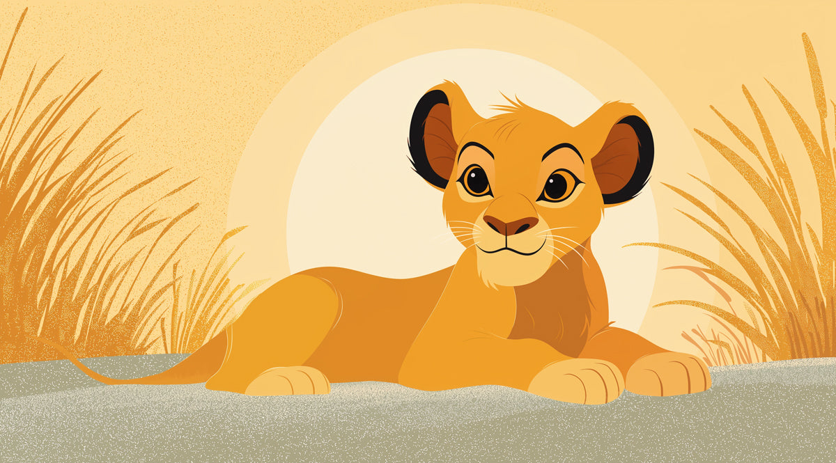 Stylized Lion Cub Sunset Mural Wallpaper | Flat Graphic Art, Warm Monochromatic Palette, Modern Nursery