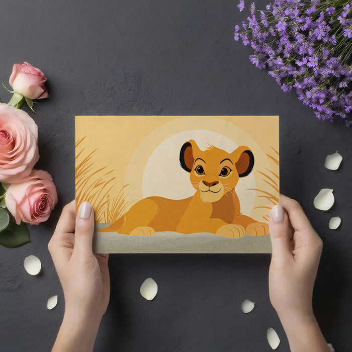 Stylized Lion Cub Sunset Mural Wallpaper | Flat Graphic Art, Warm Monochromatic Palette, Modern Nursery