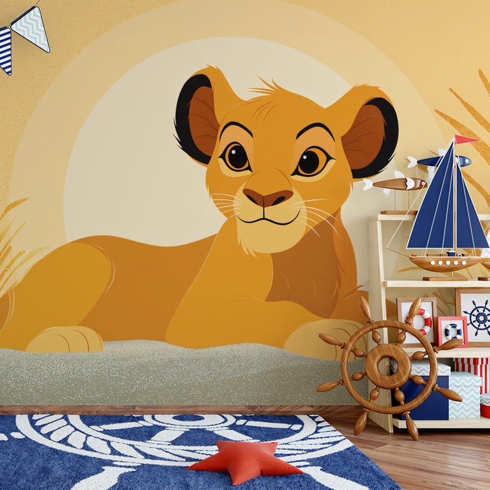Stylized Lion Cub Sunset Mural Wallpaper | Flat Graphic Art, Warm Monochromatic Palette, Modern Nursery