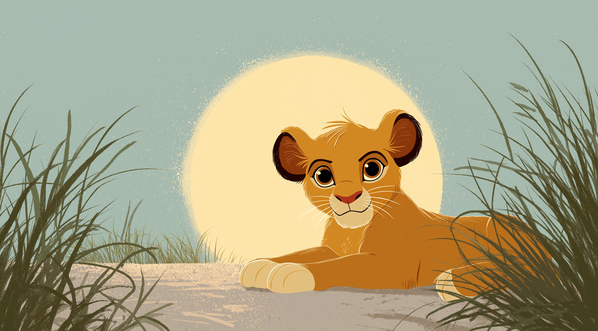 Flat Graphic Lion Cub Sunrise Mural Wallpaper | Clean Lines, Pale Blue Sky, Gentle Savanna Illustration