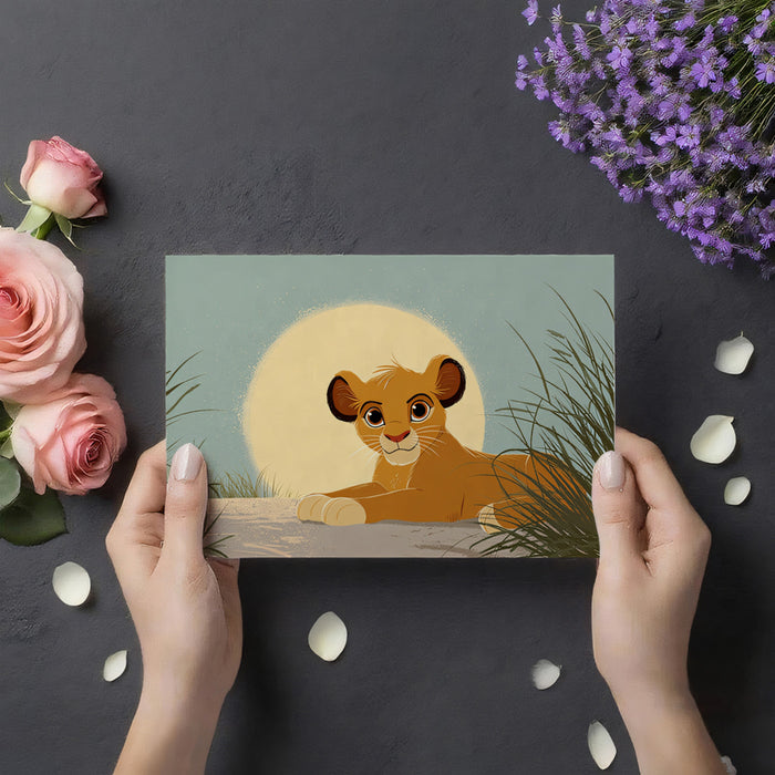 Flat Graphic Lion Cub Sunrise Mural Wallpaper | Clean Lines, Pale Blue Sky, Gentle Savanna Illustration