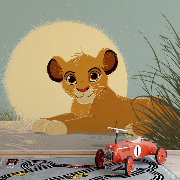 Flat Graphic Lion Cub Sunrise Mural Wallpaper | Clean Lines, Pale Blue Sky, Gentle Savanna Illustration