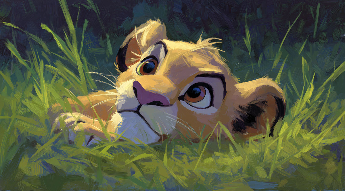 Ambush Lion Cub Oil Painting Mural Wallpaper | Dark Grass Contrast, Expressive Brushwork, Intense Focus