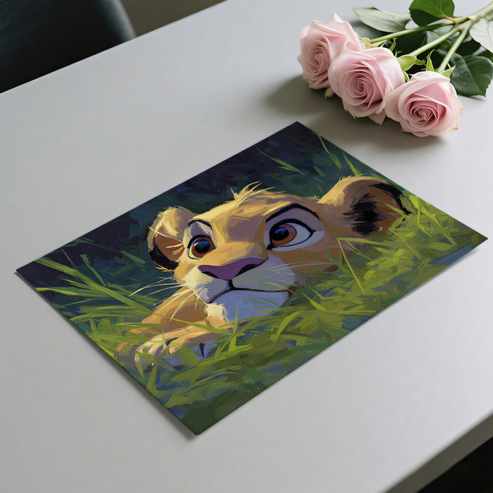 Ambush Lion Cub Oil Painting Mural Wallpaper | Dark Grass Contrast, Expressive Brushwork, Intense Focus