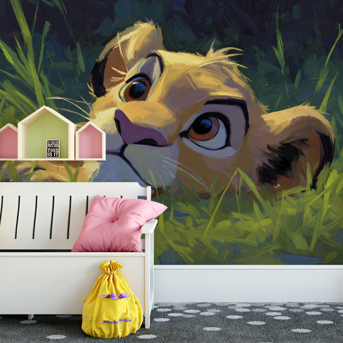 Ambush Lion Cub Oil Painting Mural Wallpaper | Dark Grass Contrast, Expressive Brushwork, Intense Focus