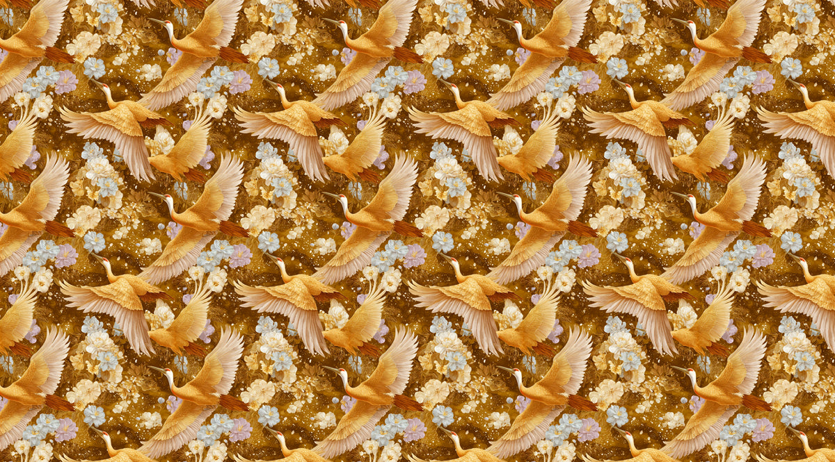 Golden Cranes Floral Pattern Mural Wallpaper | Repeating Print, Warm Brown Tones, Detailed Traditional Art