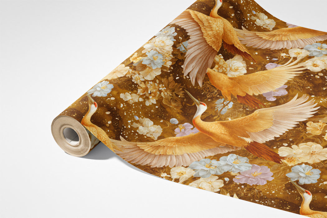 Golden Cranes Floral Pattern Mural Wallpaper | Repeating Print, Warm Brown Tones, Detailed Traditional Art