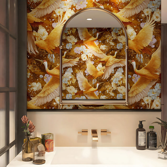 Golden Cranes Floral Pattern Mural Wallpaper | Repeating Print, Warm Brown Tones, Detailed Traditional Art