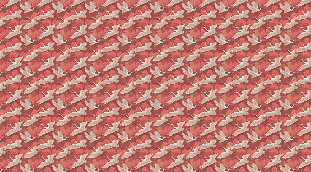 Coral Crane Repeating Pattern Mural Wallpaper | Monochromatic Pink, Ethereal Birds, Textured Chinoiserie