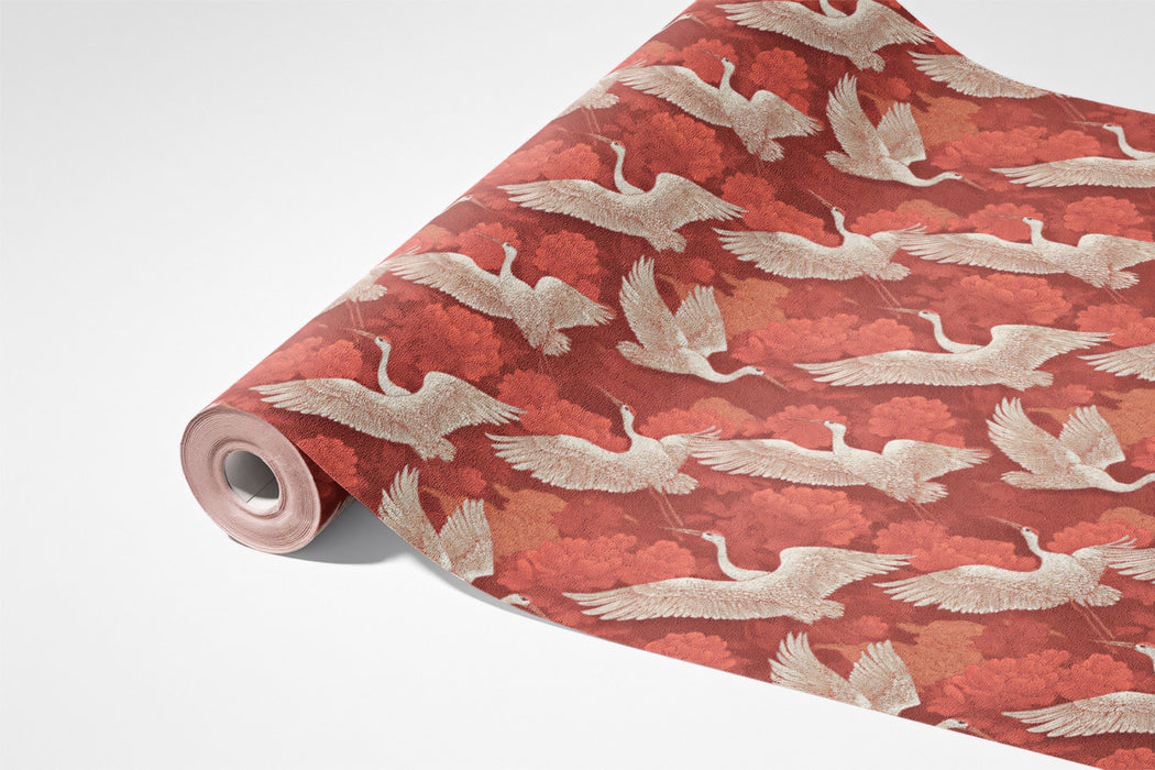 Coral Crane Repeating Pattern Mural Wallpaper | Monochromatic Pink, Ethereal Birds, Textured Chinoiserie