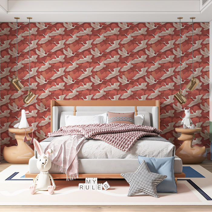 Coral Crane Repeating Pattern Mural Wallpaper | Monochromatic Pink, Ethereal Birds, Textured Chinoiserie