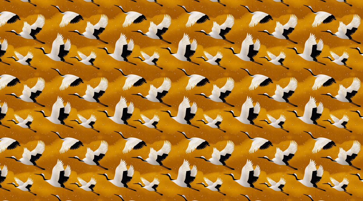 Golden Cranes Flight Pattern Mural Wallpaper | Repeating Print, High Contrast, Dynamic East Asian Motif