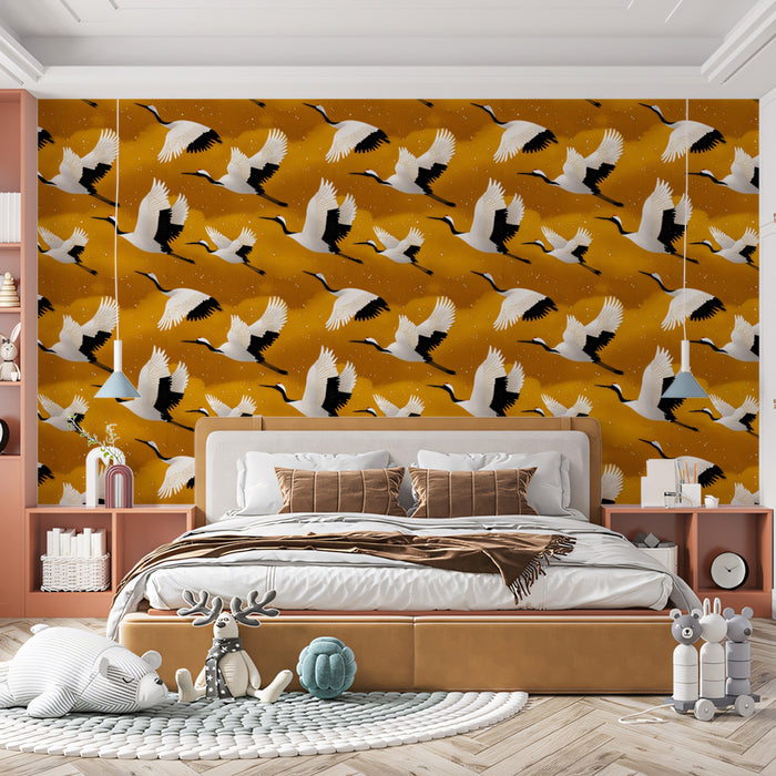 Golden Cranes Flight Pattern Mural Wallpaper | Repeating Print, High Contrast, Dynamic East Asian Motif