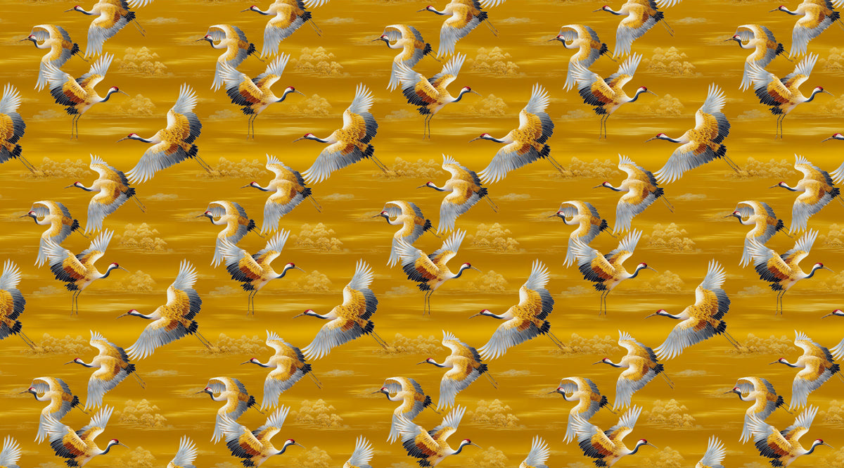 Golden Cranes Prosperity Mural Wallpaper | Repeating Print, Warm Yellow Background, Traditional Asian Motif