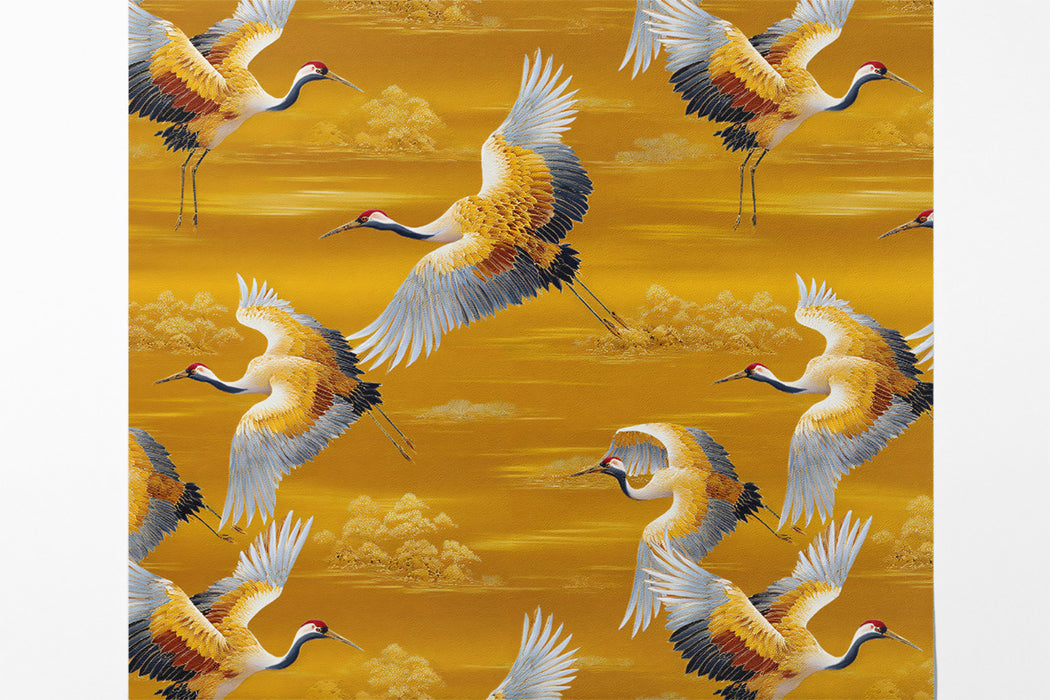 Golden Cranes Prosperity Mural Wallpaper | Repeating Print, Warm Yellow Background, Traditional Asian Motif