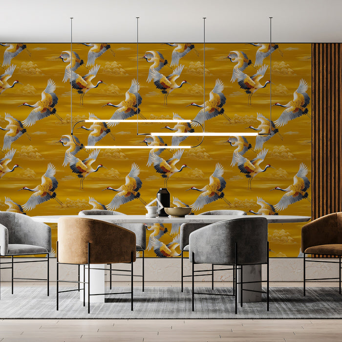 Golden Cranes Prosperity Mural Wallpaper | Repeating Print, Warm Yellow Background, Traditional Asian Motif