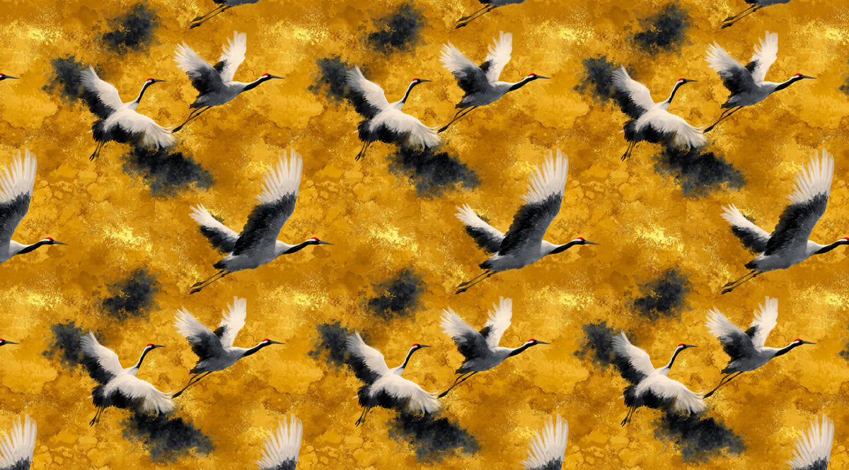 Dynamic Ink Wash Cranes Mural Wallpaper | Abstract Gold Texture, Flight Pattern, High-Contrast Motion