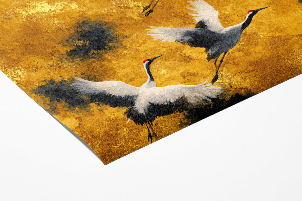 Dynamic Ink Wash Cranes Mural Wallpaper | Abstract Gold Texture, Flight Pattern, High-Contrast Motion