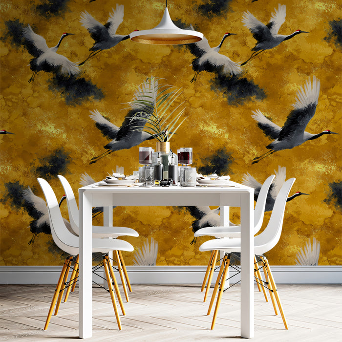 Dynamic Ink Wash Cranes Mural Wallpaper | Abstract Gold Texture, Flight Pattern, High-Contrast Motion