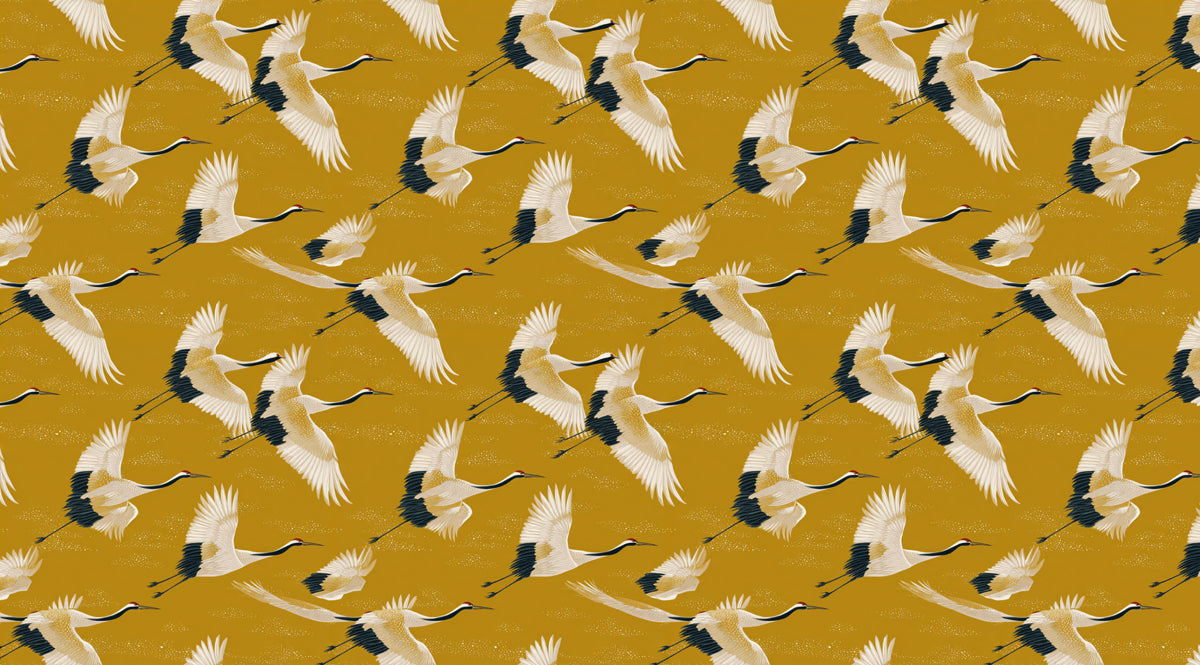 Minimalist Cranes Flight Mural Wallpaper | Clean Pattern, Mustard Yellow Background, Subtle Chinoiserie