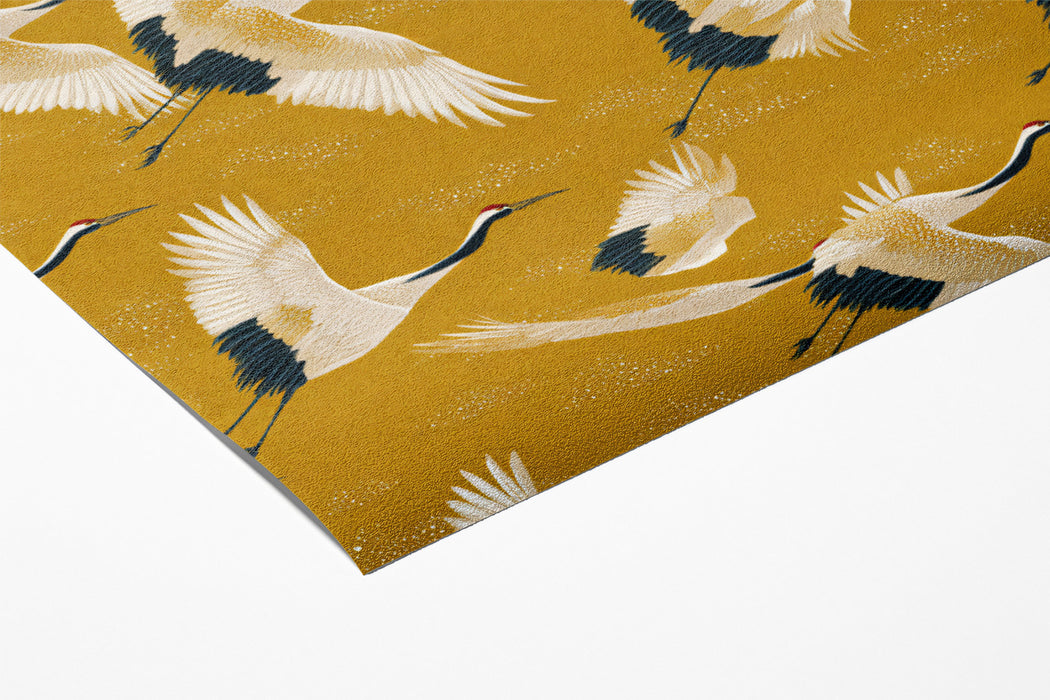 Minimalist Cranes Flight Mural Wallpaper | Clean Pattern, Mustard Yellow Background, Subtle Chinoiserie