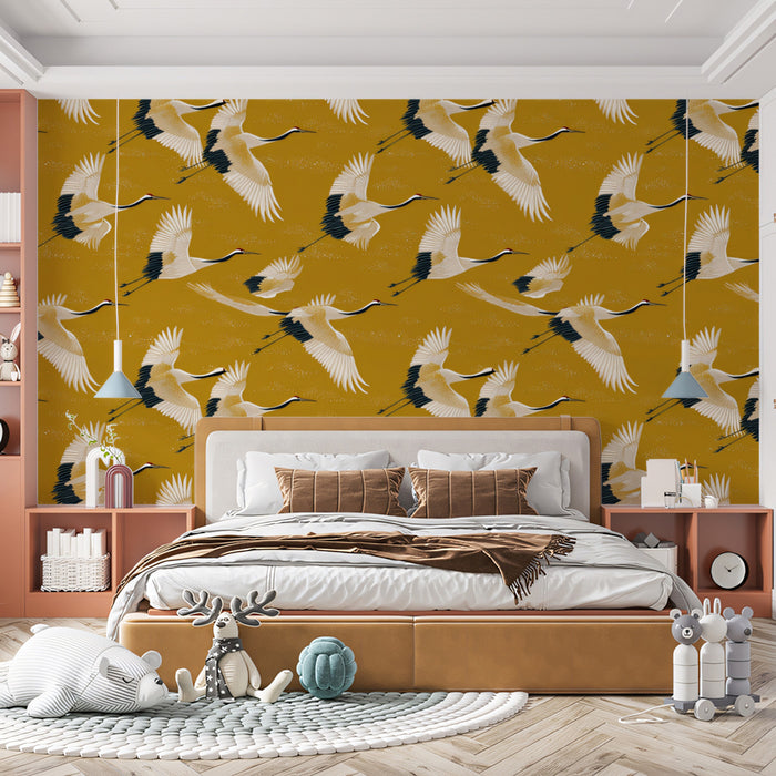Minimalist Cranes Flight Mural Wallpaper | Clean Pattern, Mustard Yellow Background, Subtle Chinoiserie