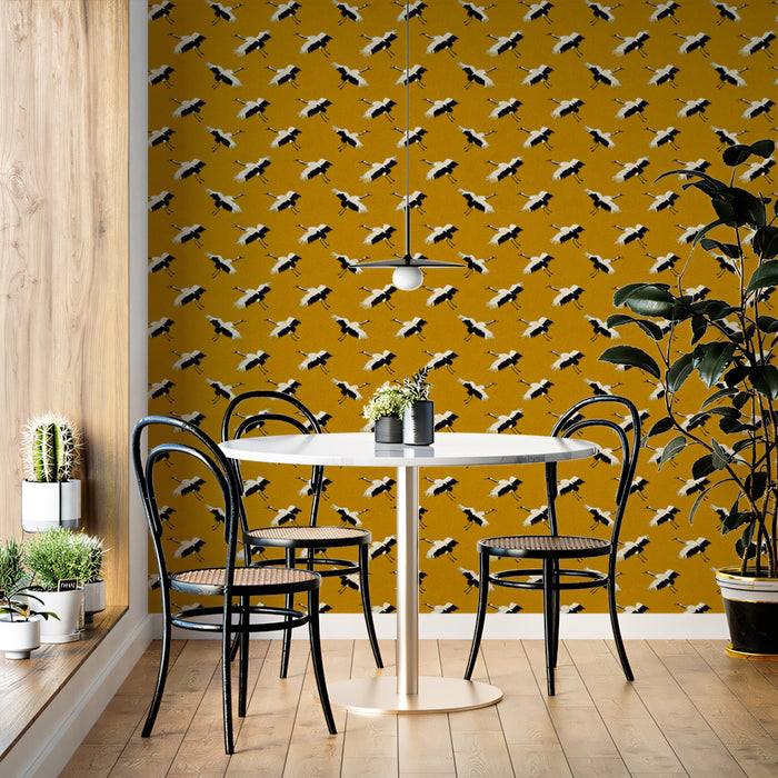 Micro Crane Pattern Mural Wallpaper | Intense Mustard Yellow, Repeating Geometric Print, Whimsical Insects