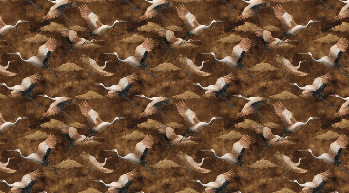 Textured Sepia Cranes Mural Wallpaper | Repeating Print, Antique Brown Backdrop, Earth Toned Chinoiserie