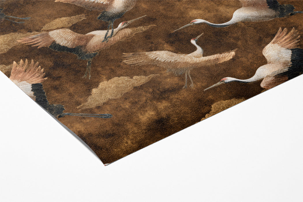 Textured Sepia Cranes Mural Wallpaper | Repeating Print, Antique Brown Backdrop, Earth Toned Chinoiserie