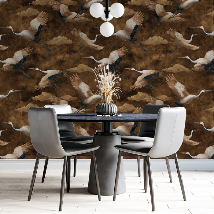 Textured Sepia Cranes Mural Wallpaper | Repeating Print, Antique Brown Backdrop, Earth Toned Chinoiserie