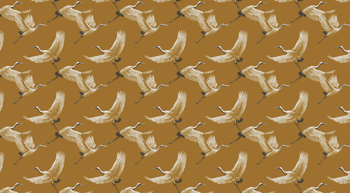 Monochromatic Ochre Cranes Mural Wallpaper | Repeating Print, Warm Earth Tone, Simple Asian Pattern