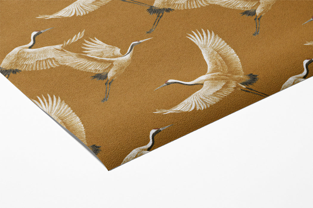 Monochromatic Ochre Cranes Mural Wallpaper | Repeating Print, Warm Earth Tone, Simple Asian Pattern