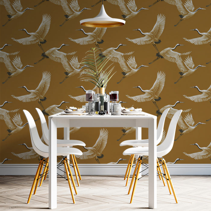 Monochromatic Ochre Cranes Mural Wallpaper | Repeating Print, Warm Earth Tone, Simple Asian Pattern