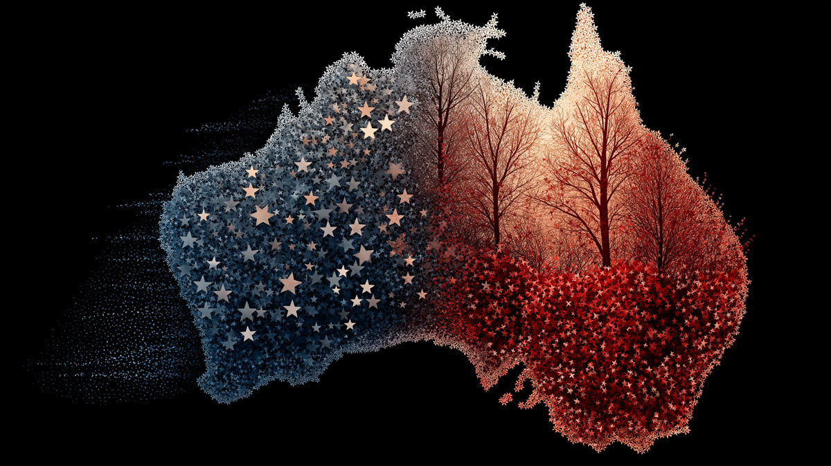 Australia Fire and Ice Map Mural Wallpaper | Abstract Stars, Red and Blue Contrast, Digital Art Landscape