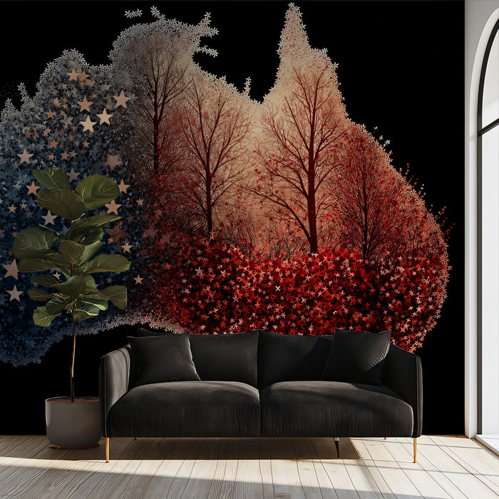 Australia Fire and Ice Map Mural Wallpaper | Abstract Stars, Red and Blue Contrast, Digital Art Landscape