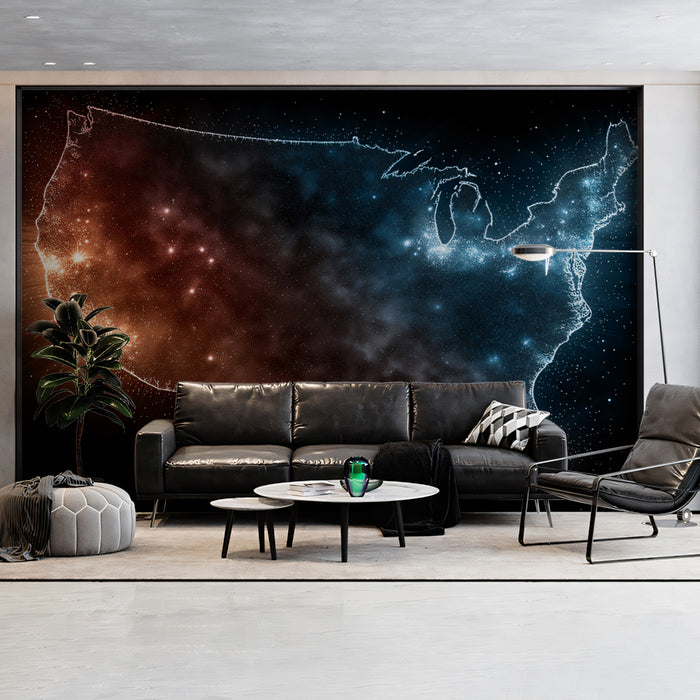 Cosmic USA Map Mural Wallpaper | Glowing Stars, Red White and Blue, Abstract Nebula Art