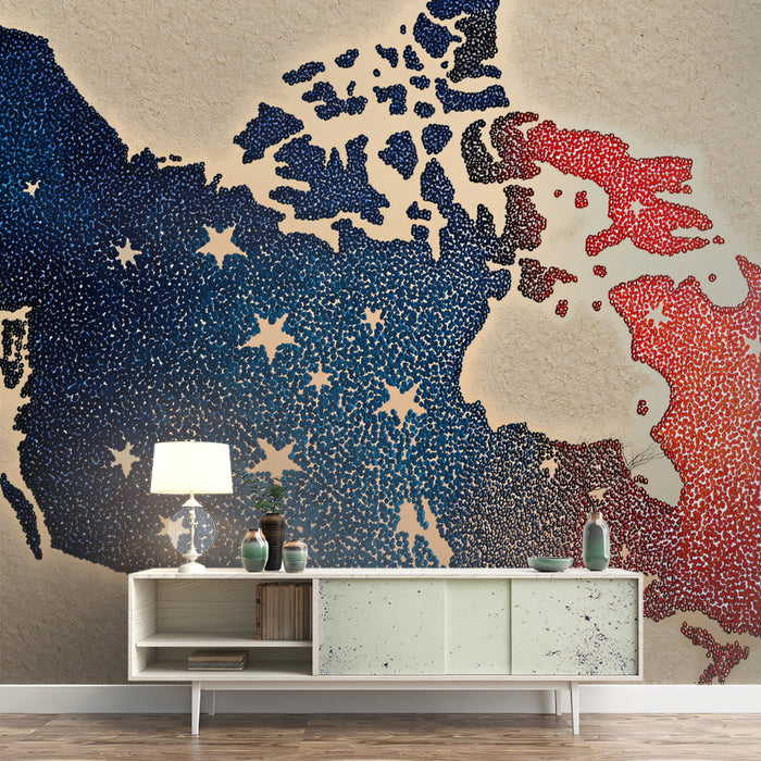Canada Star Map Mural Wallpaper | Dot Art Texture, Red and Blue Contrast, Neutral Paper Background