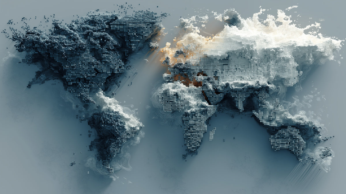 Abstract Pixel World Map Mural Wallpaper | Digital Glitch Art, Volumetric Data Texture, Monochrome Blue