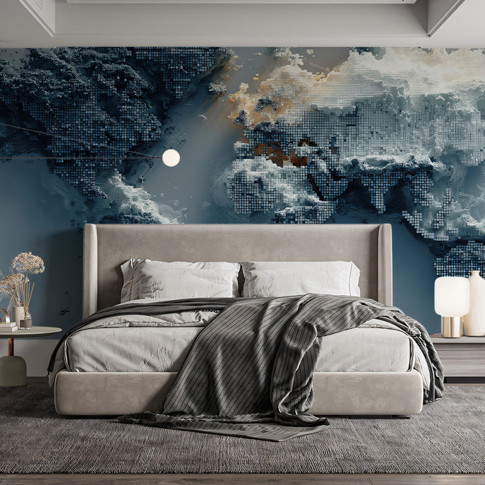 Abstract Pixel World Map Mural Wallpaper | Digital Glitch Art, Volumetric Data Texture, Monochrome Blue