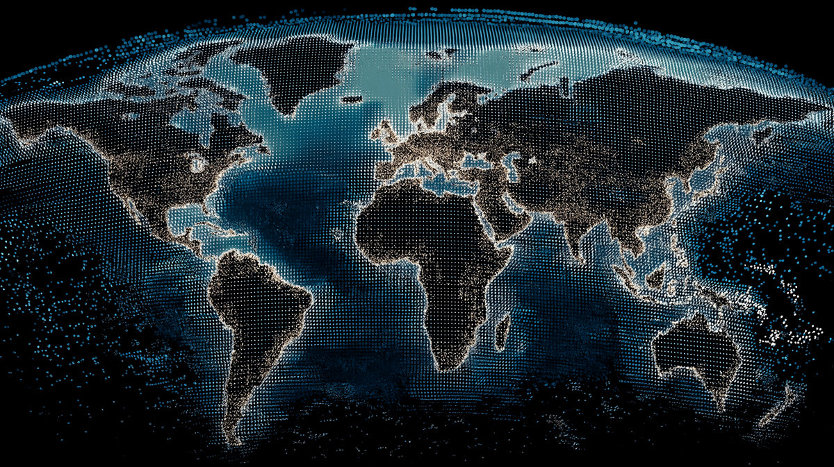 Digital Mesh World Map Mural Wallpaper | Dark Cyberpunk Aesthetic, Low-Light Grid, Global Connectivity
