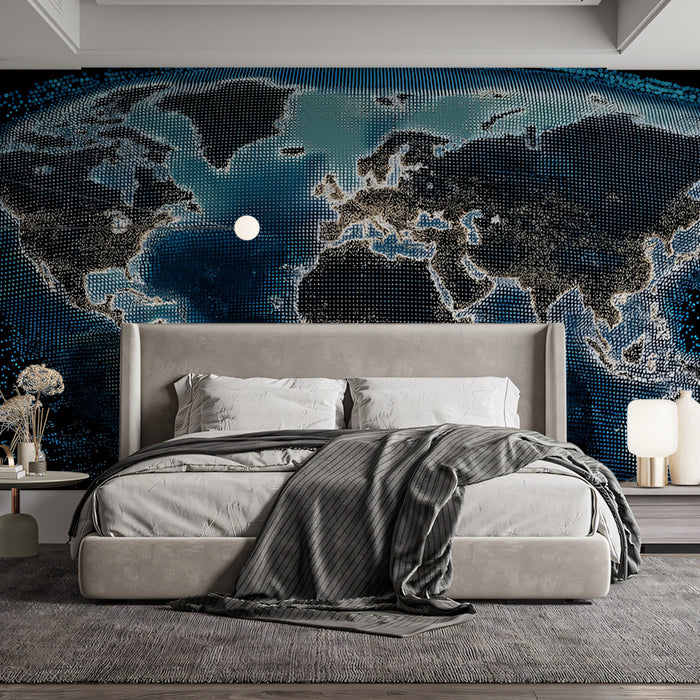 Digital Mesh World Map Mural Wallpaper | Dark Cyberpunk Aesthetic, Low-Light Grid, Global Connectivity