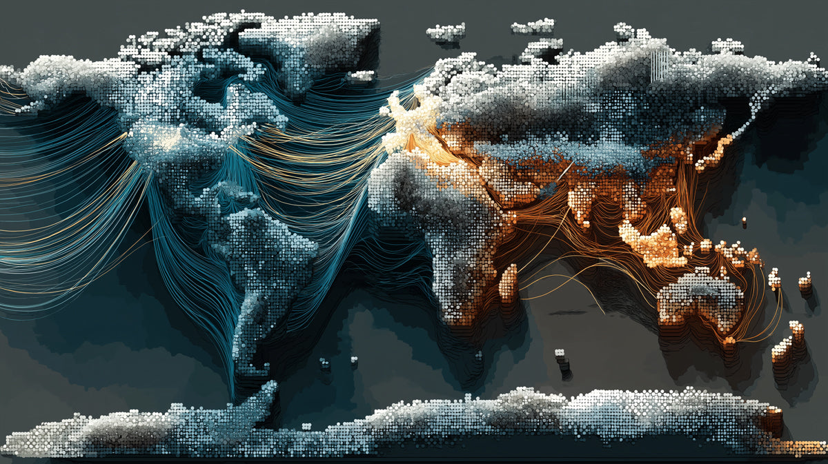 Global Trade Flow Map Mural Wallpaper | Digital Pixel Texture, Blue and Orange Data Lines, High-Tech Contrast