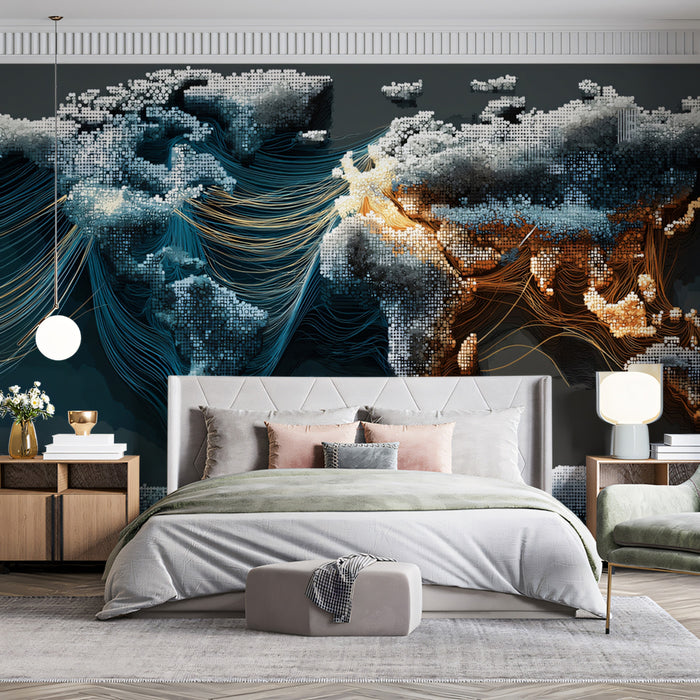 Global Trade Flow Map Mural Wallpaper | Digital Pixel Texture, Blue and Orange Data Lines, High-Tech Contrast